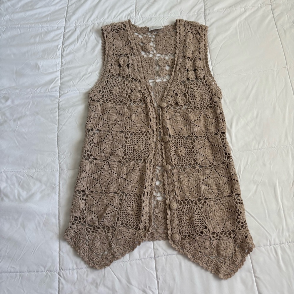 Crochet Sleeveless Vest in Tan